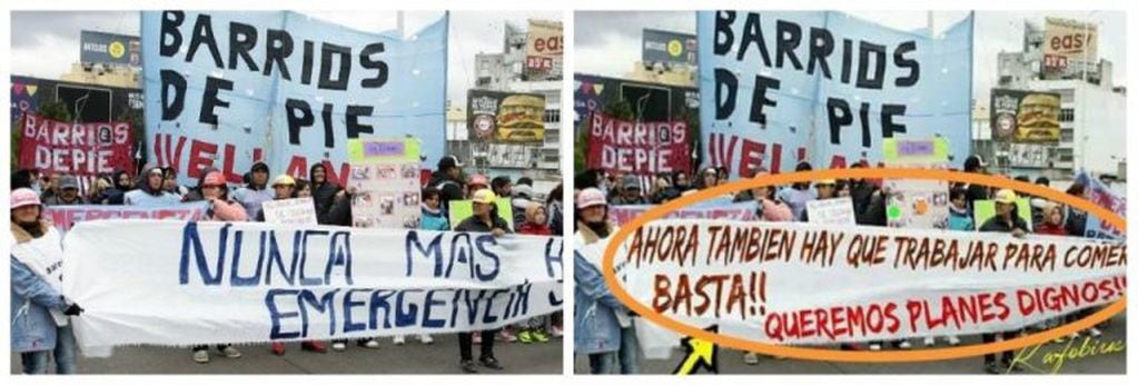 Otra vez circula la foto falsa de una pancarta de Barrios de Pie que dice: Ahora también hay que trabajar para comer. (Reverso)
