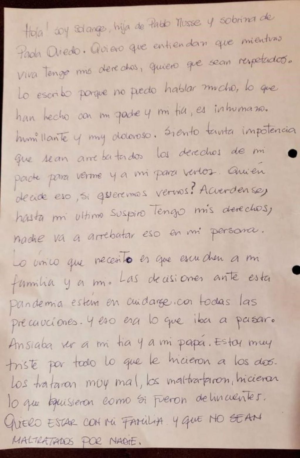 La carta de Solange publicada por El Doce.
