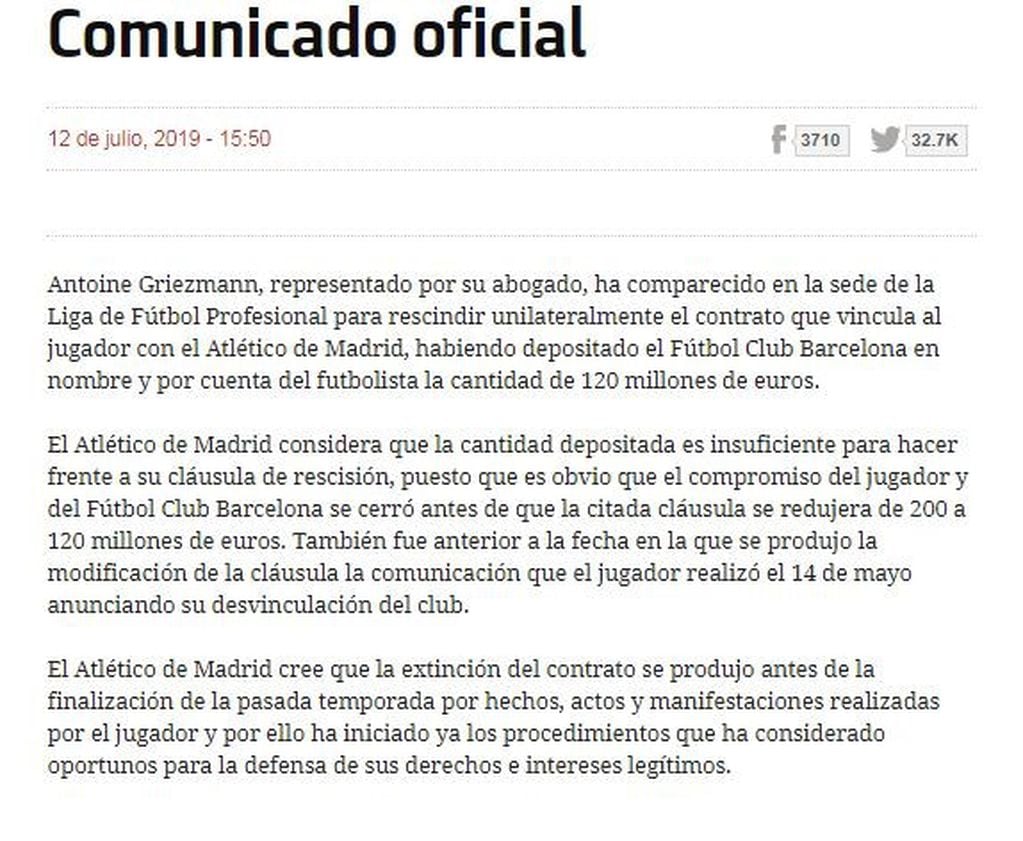 Comunicado oficial del Atlético de Madrid sobre la venta de Antoine Griezmann al Barcelona.
