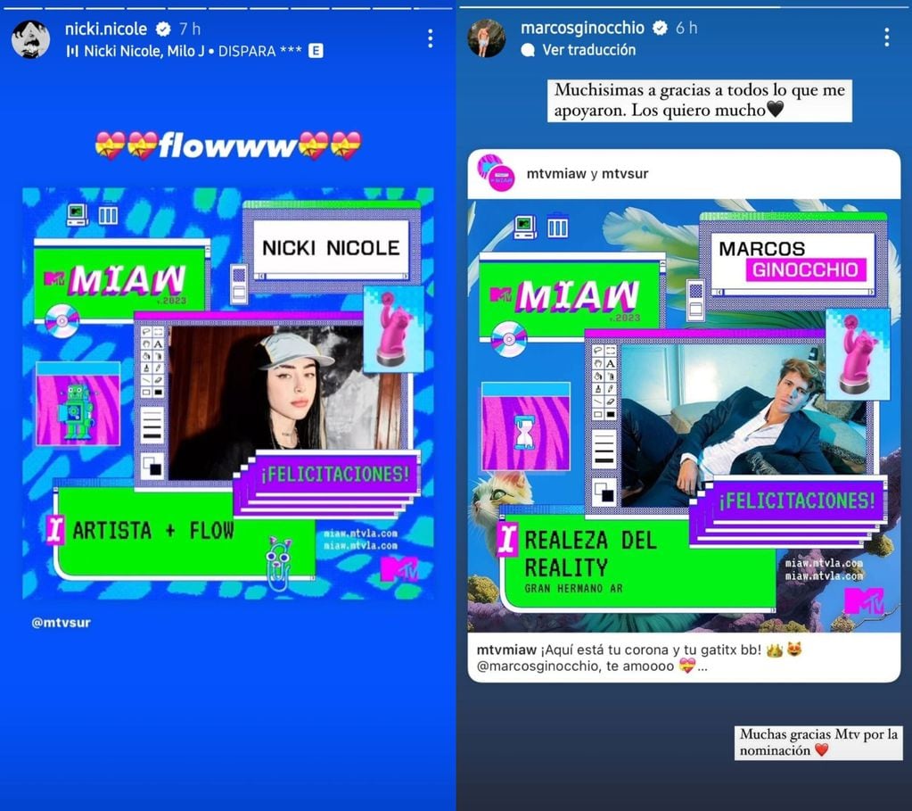 Marcos Ginocchio y Nicki Nicole agradecieron sus premios MTV MIAW 2023 (Captura de pantalla)