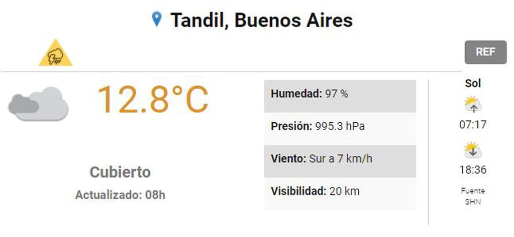 Así es la situación climática en Tandil.
