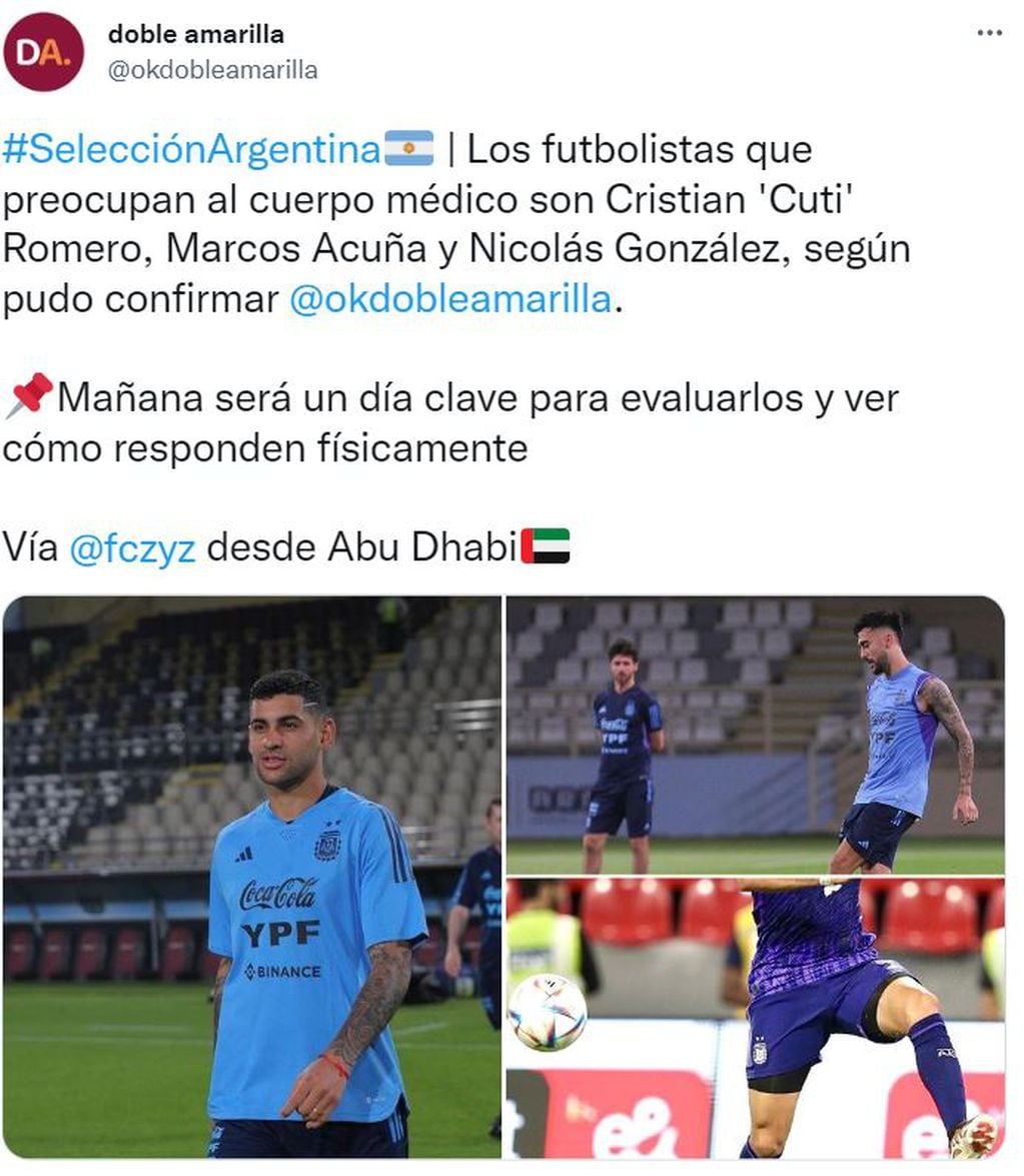 El defensor Cristian Romero, el delantero Nicolás González y el lateral Marcos Acuña están en duda para integrar la lista definitiva para el Mundial Qatar 2022