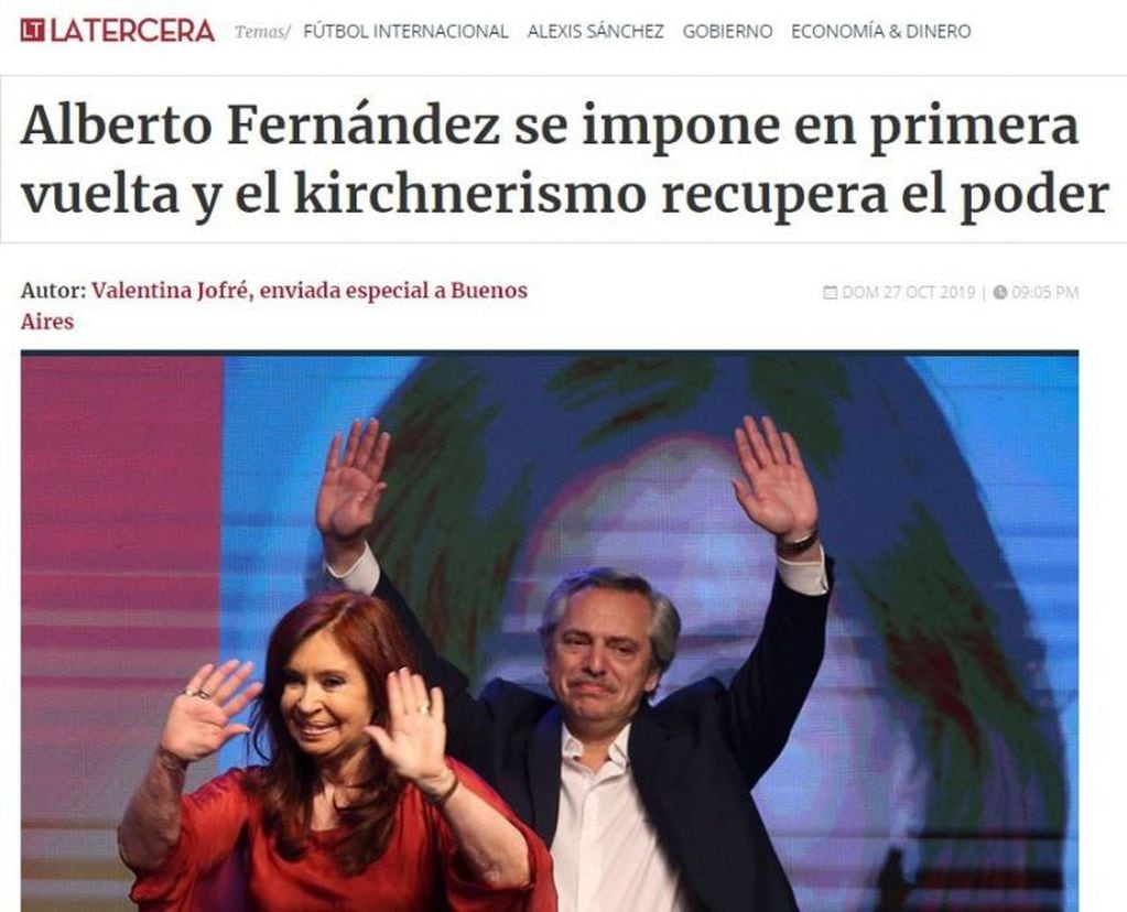 La Tercera: "Alberto Fernández se impone en primera vuelta y el kirchnerismo recupera el poder"