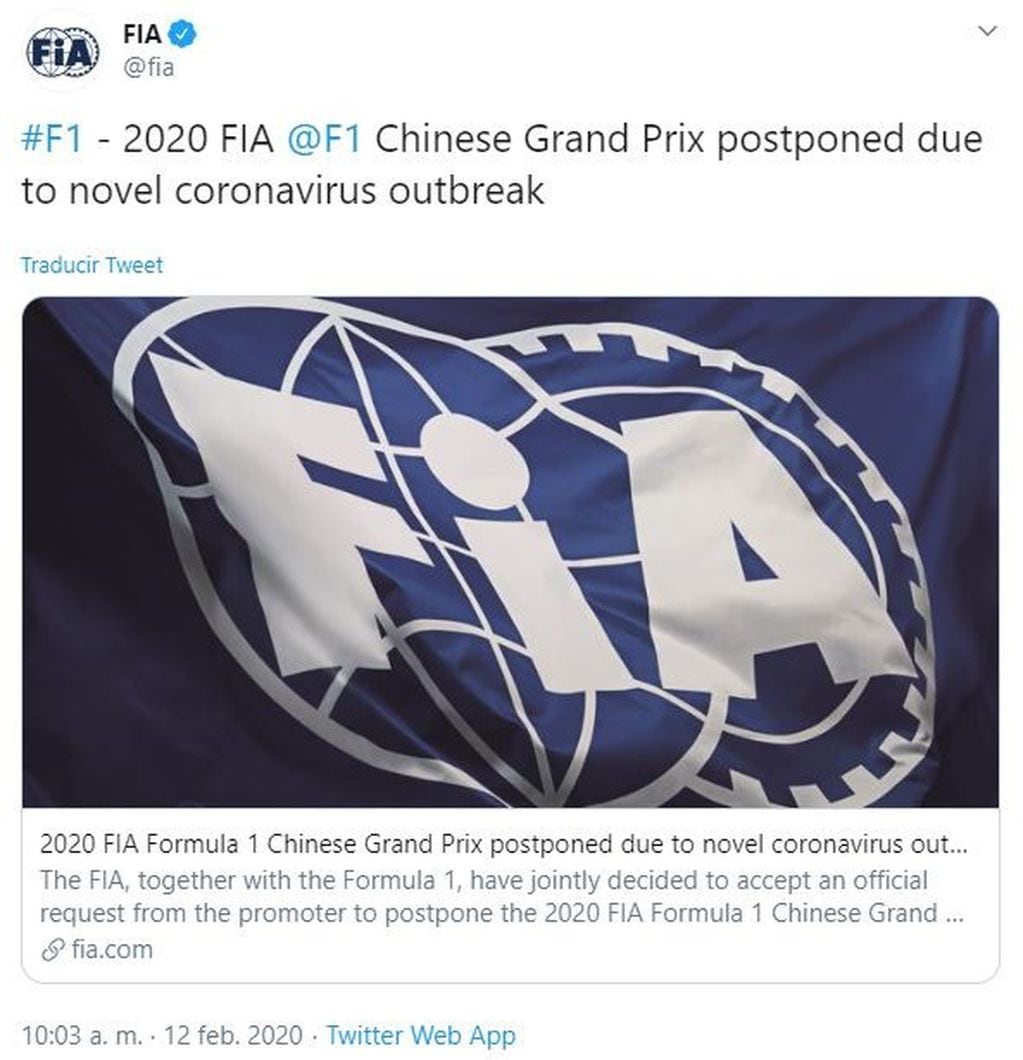 Fórmula 1: el Gran Premio de China fue suspendido por la epidemia de coronavirus (Foto: captura Twitter)