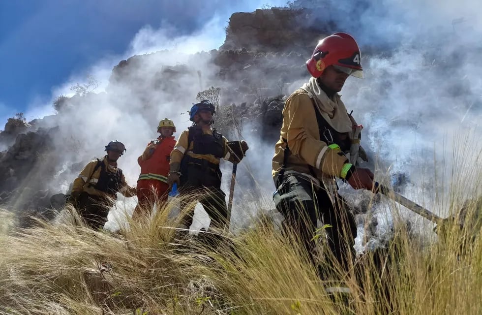 Bomberos Voluntarios y personal del ETAC combaten las llamas.