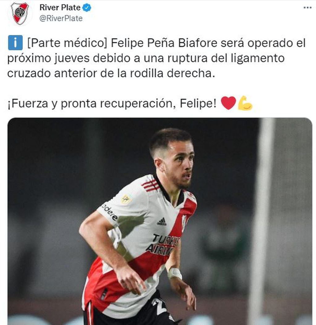 Felipe Peña Biafore será operado el jueves de la rotura de ligamentos cruzados de la rodilla derecha.