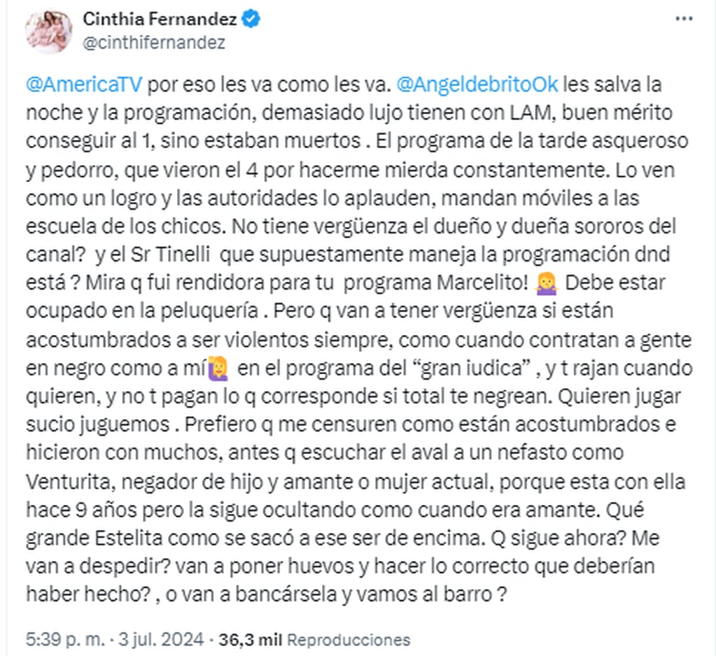 Cinthia Fernández apuntó contra América Tv y Marcelo Tinelli