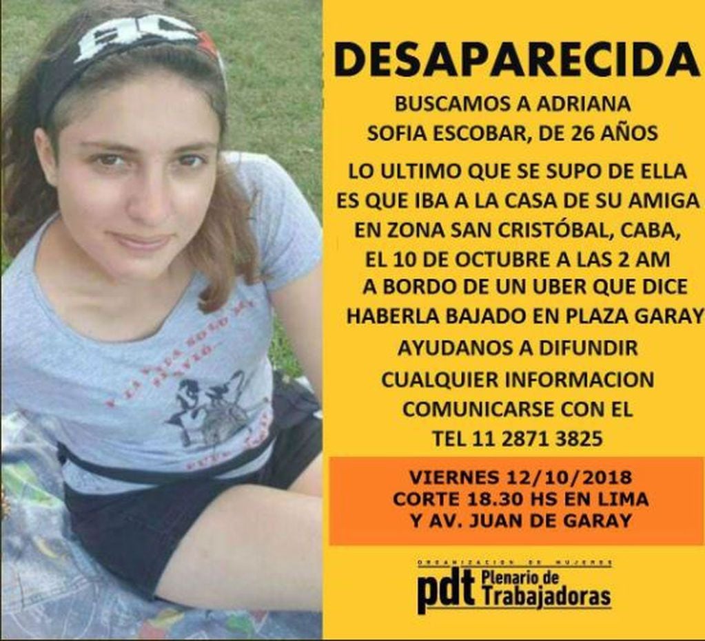 Adriana Sofía Escobar, tiene 26 años y desapareció en la plaza Garay, en Buenos Aires.