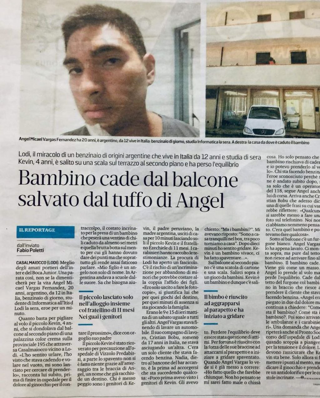 Es cordobés el joven que se convirtió en héroe en Italia al salvar a un niño que cayó de un balcón.