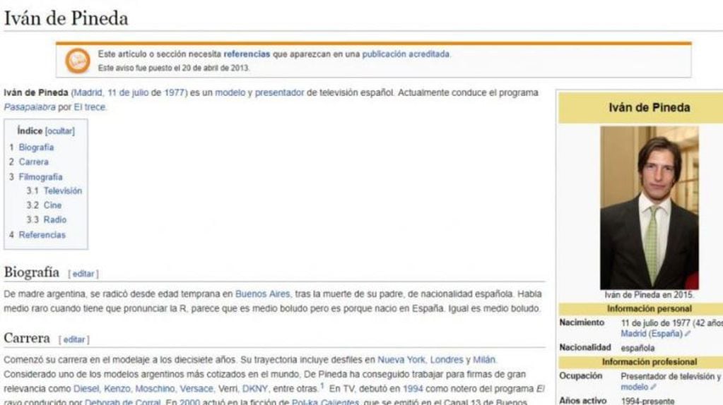 Modificaron el perfil de Iván de Pineda en Wikipedia (Foto: captura)
