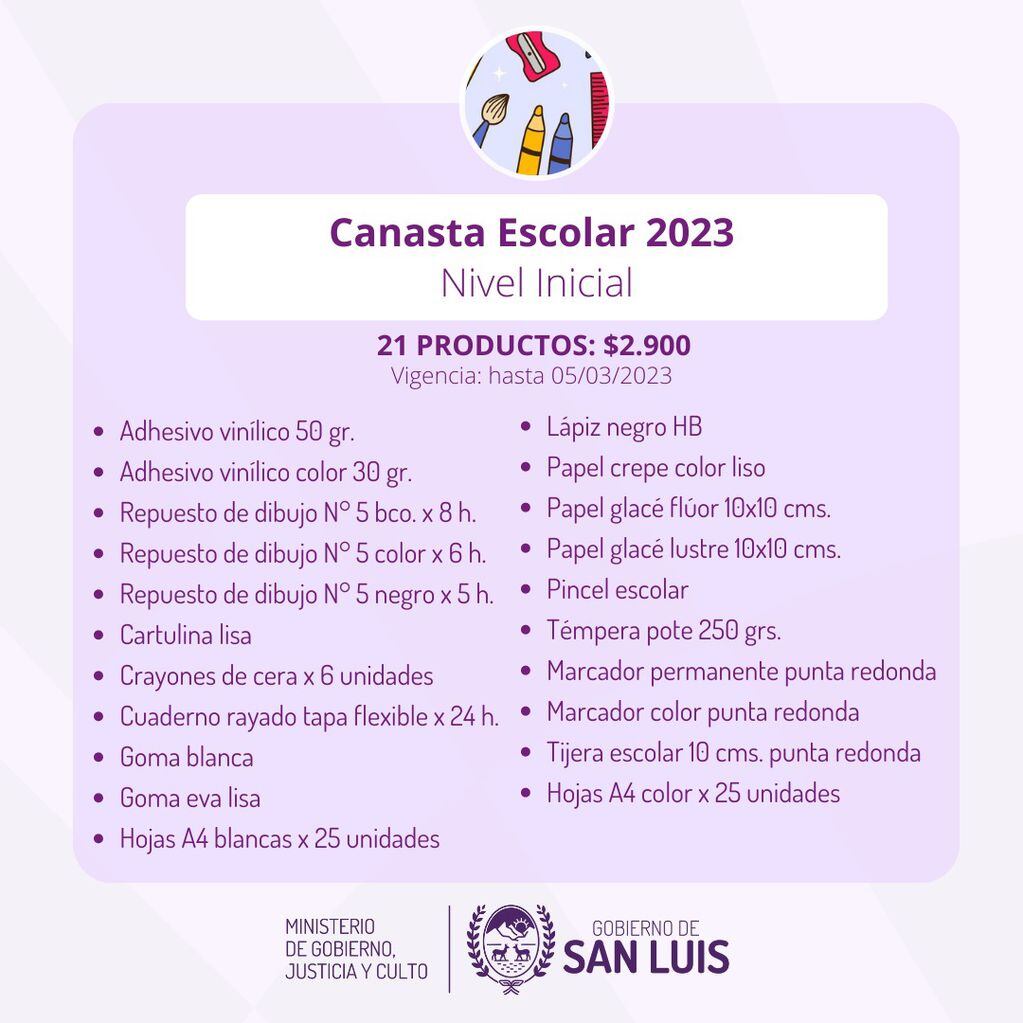 Productos de la Canasta Escolar a $2.900 en San Luis.