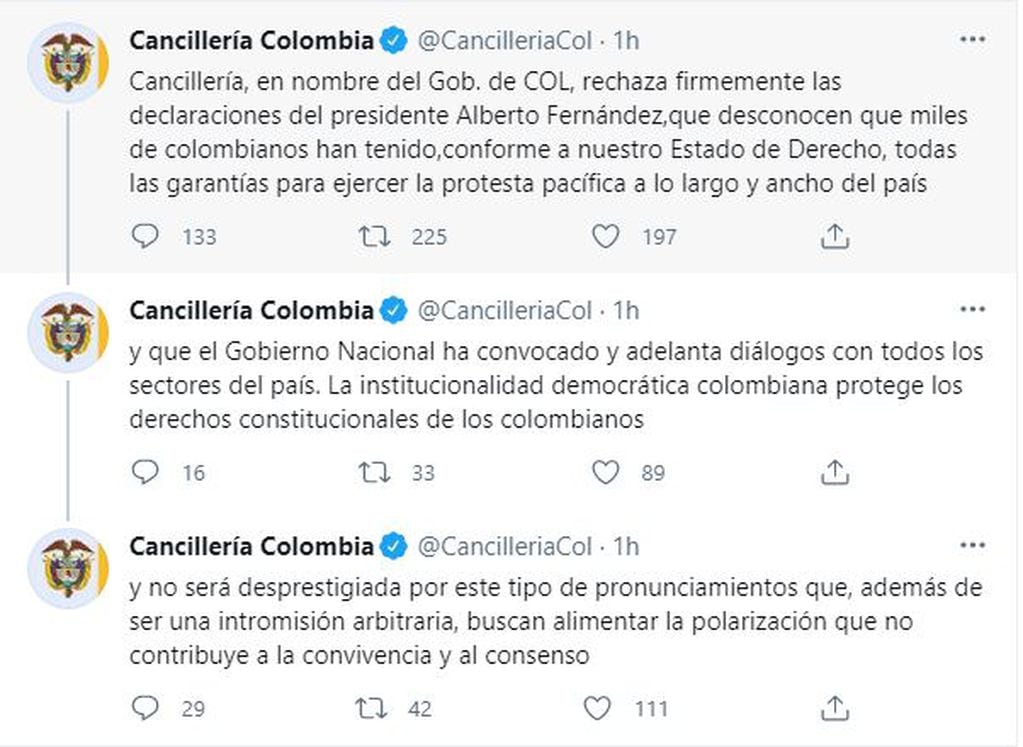 Respuesta del Gobierno colombiano, presidido por Iván Duque, al tuit publicado por el presidente Alberto Fernández.