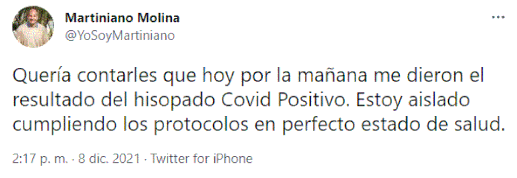 Martiniano Molina comunicó que tiene coronavirus