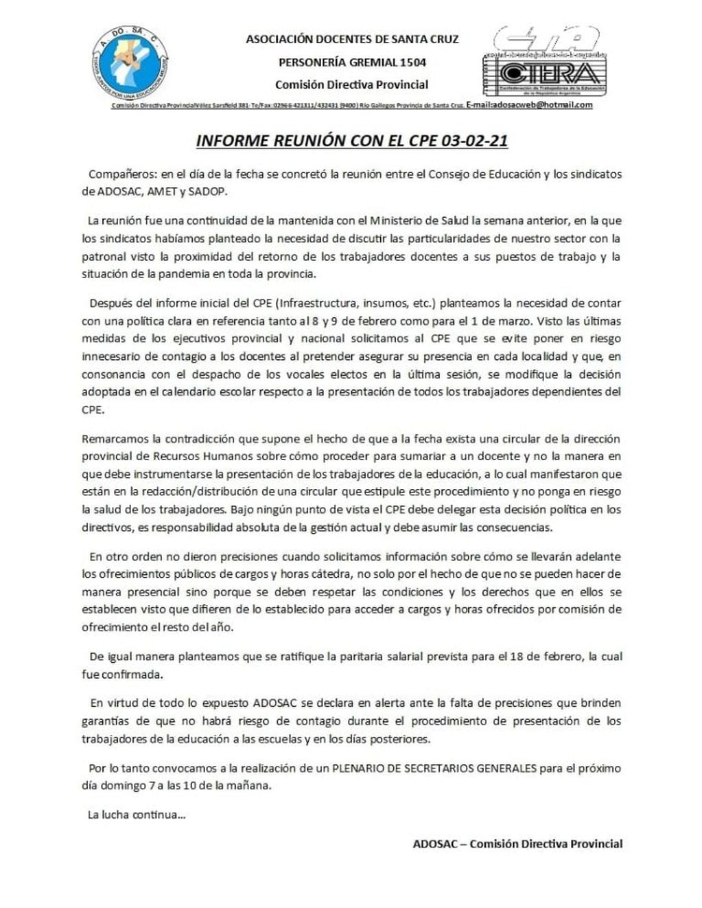 La entidad gremial emitió comunicado ante el regreso de las clases presenciales