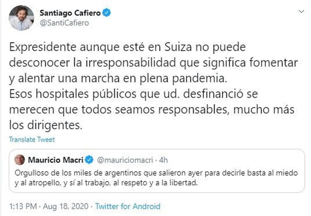 Cafiero y De Pedro criticaron a Macri por su tuit en el que dice estar "orgulloso" por marcha del 17A.