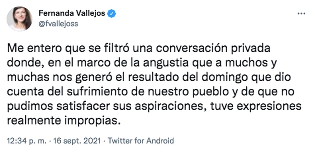 El pedido de disculpas de Fernanda Vallejos tras su polémico audio contra Alberto Fernández.