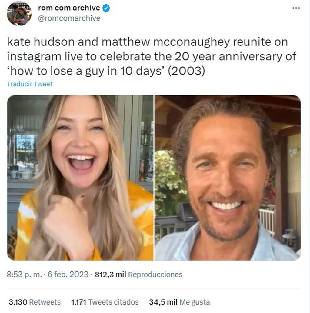 Kate Hudson y Matthew McConaughey se reunieron para celebrar los 20 años de “Cómo perder a un hombre en 10 días”
