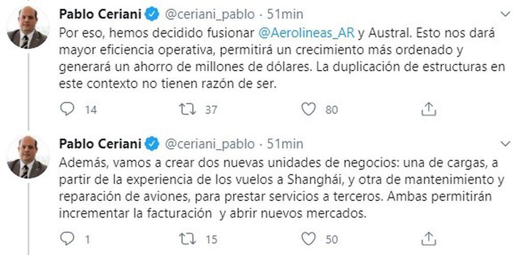 El anuncio de Pablo Ceriani (Twitter)