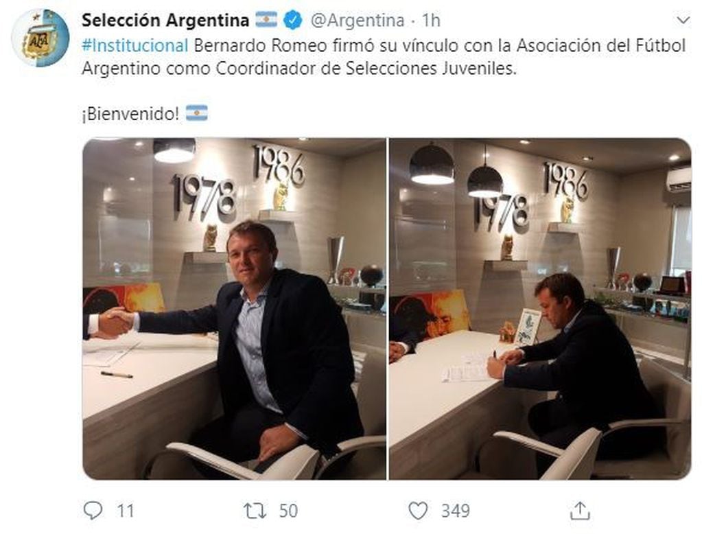 Bernardo Romeo asumió como Coordinador de las Selecciones Juveniles de Argentina. (Twitter)