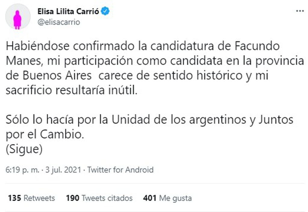 Elisa Carrió anunció la baja de su candidatura en su cuenta de Twitter.