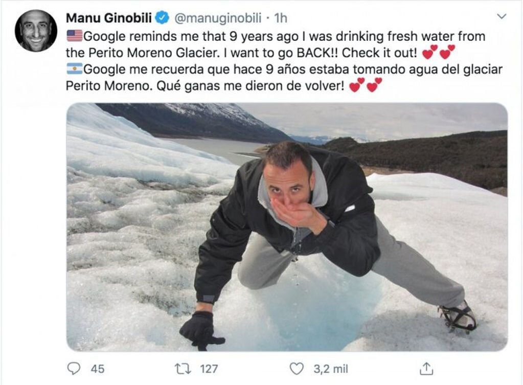 "Manu" Ginóbili posteó una foto en el Glaciar Perito Moreno para más de 5 millones de seguidores en su cuenta Twitter.