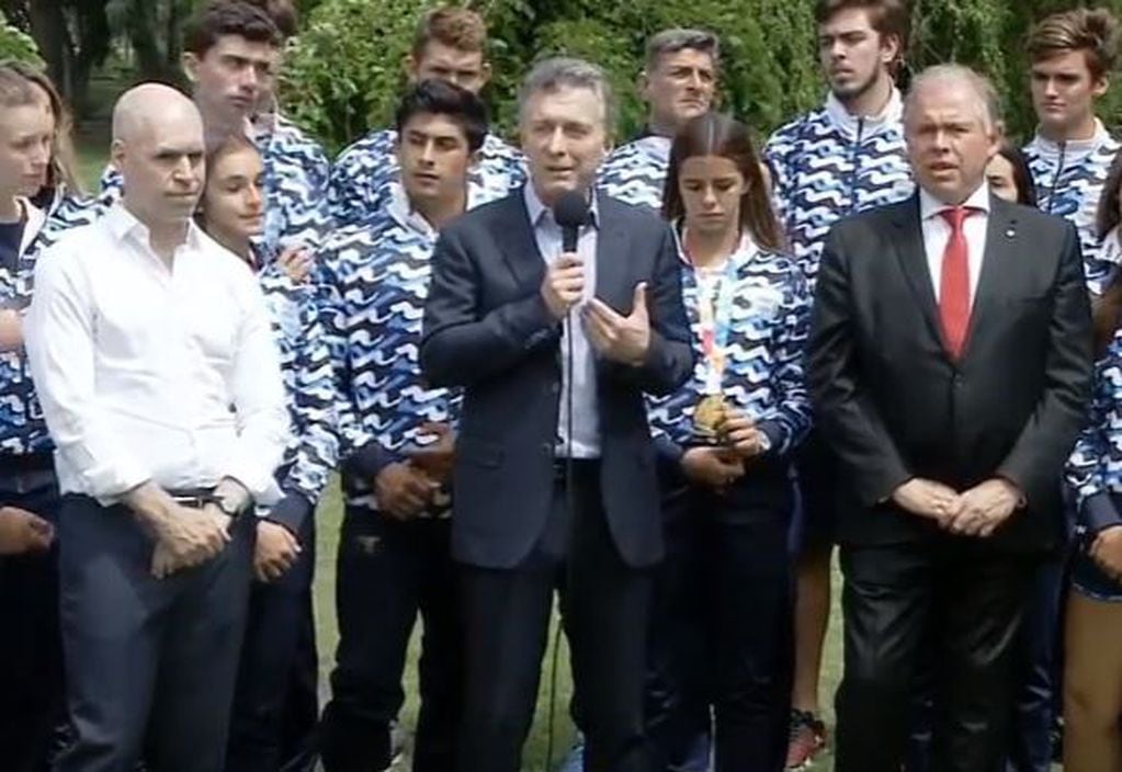 El presidente Mauricio Macri, durante el reconocimiento a deportistas argentinos que lograron medallas en los Juegos Olímpicos de la Juventud Buenos Aires 2018.