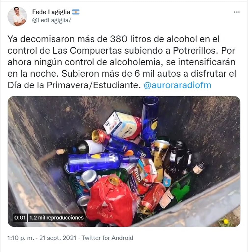 Este Tweet muestra el alcohol decomisado en uno de los puestos de control en la ruta a Potrerillos. Twitter @FedLagiglia7
