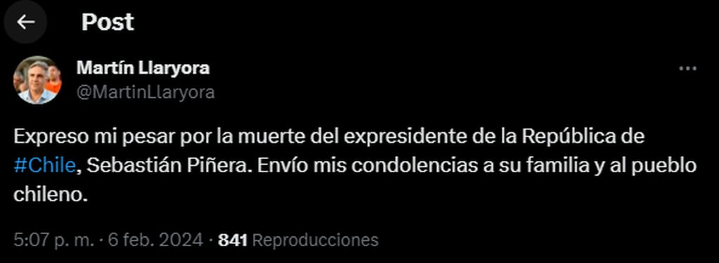 El posteo de Martín Llaryora por la muerte de expresidente de Chile, Sebastián Piñera.