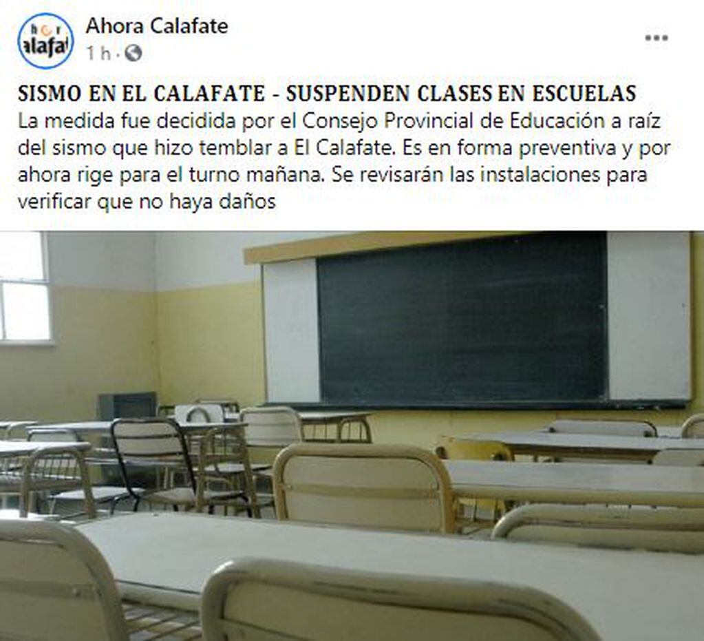 El Consejo Provincial de Educación de Santa Cruz suspendió las clases en El Calafate, tras el sismo de 5,4 grados que sacudió a la ciudad este miércoles 13 de octubre de 2021.