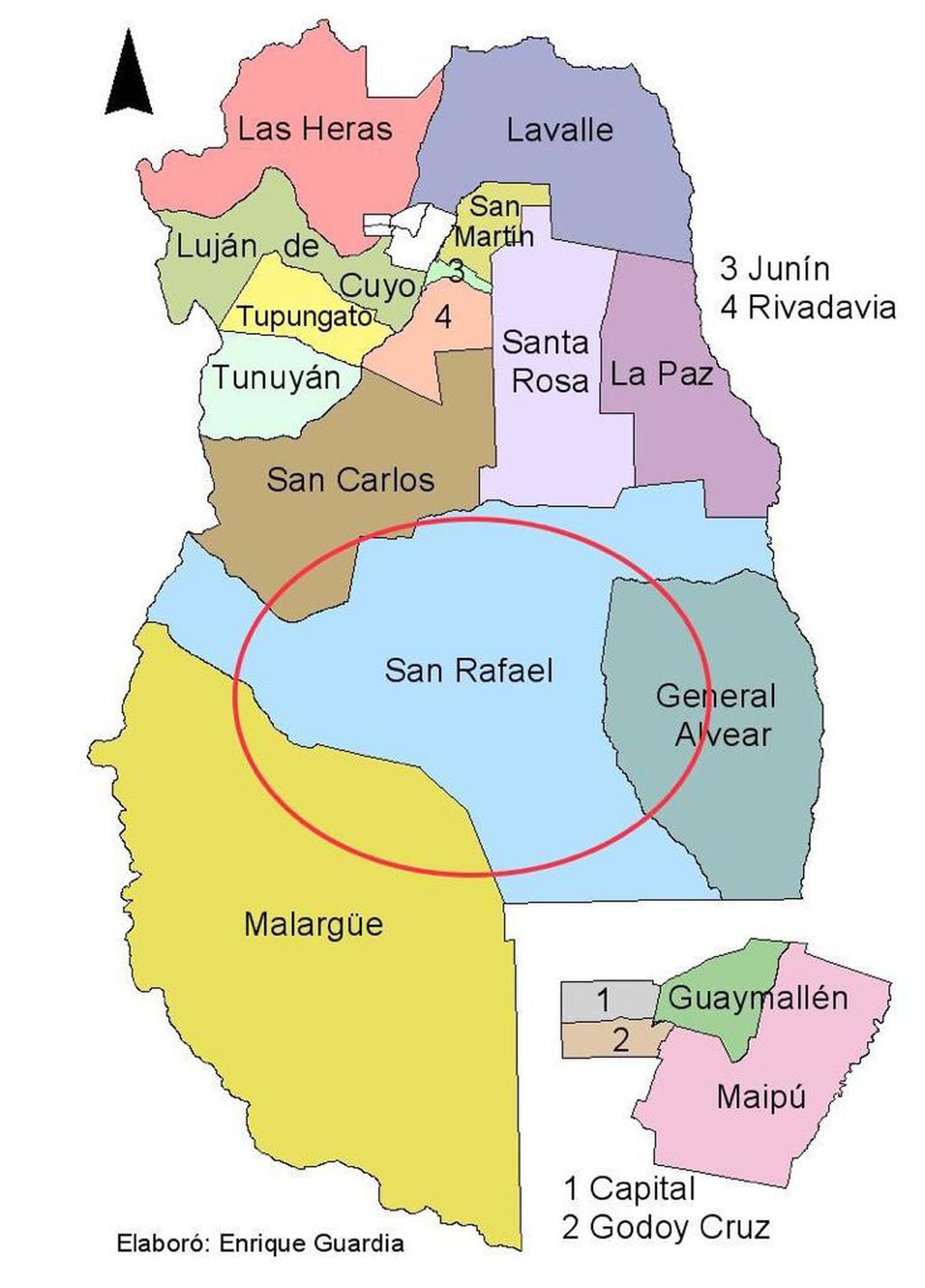 En rojo, marcado el departamento de San Rafael en el sur de Mendoza.