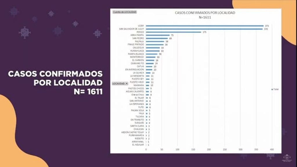 Gráfico que muestra la cantidad de casos computados en las diferentes ciudades y localidades de la provincia de Jujuy, hasta el domingo último.