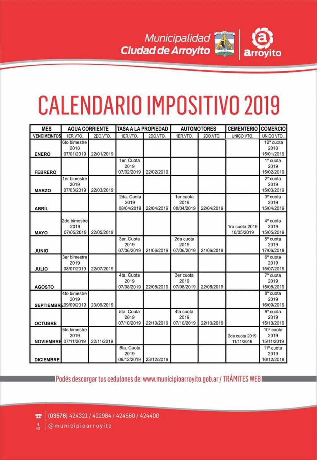 Calendario impositivo 2019 Arroyito