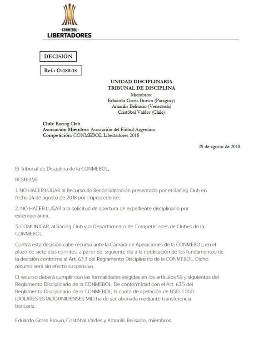 El comunicado de Conmebol sobre el caso Bruno Zuculini.