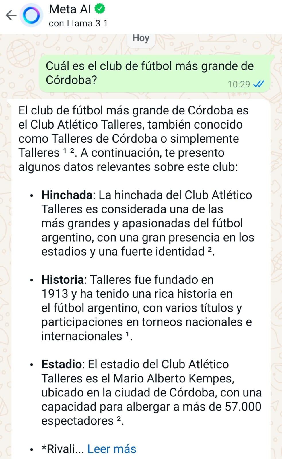 Preguntó a Meta AI de WhatsApp cuál es el club más grande de Córdoba y ésta fue la respuesta.