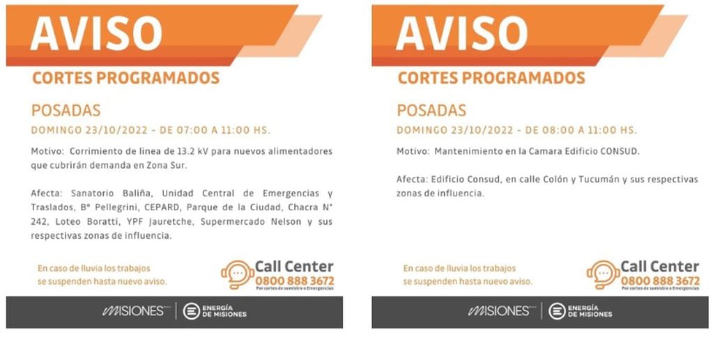 Posadas: cortes programados para este domingo.