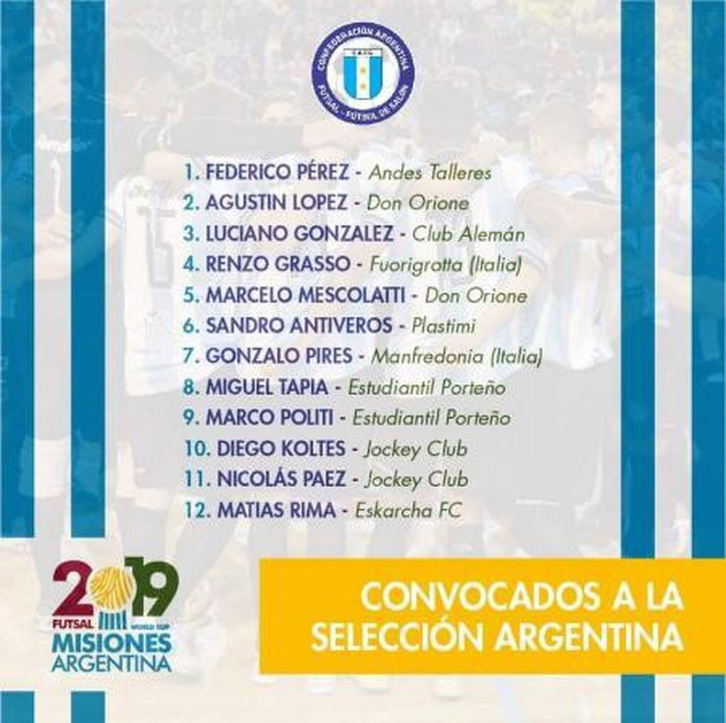 Lista de convocados a la selección. (Futsal)