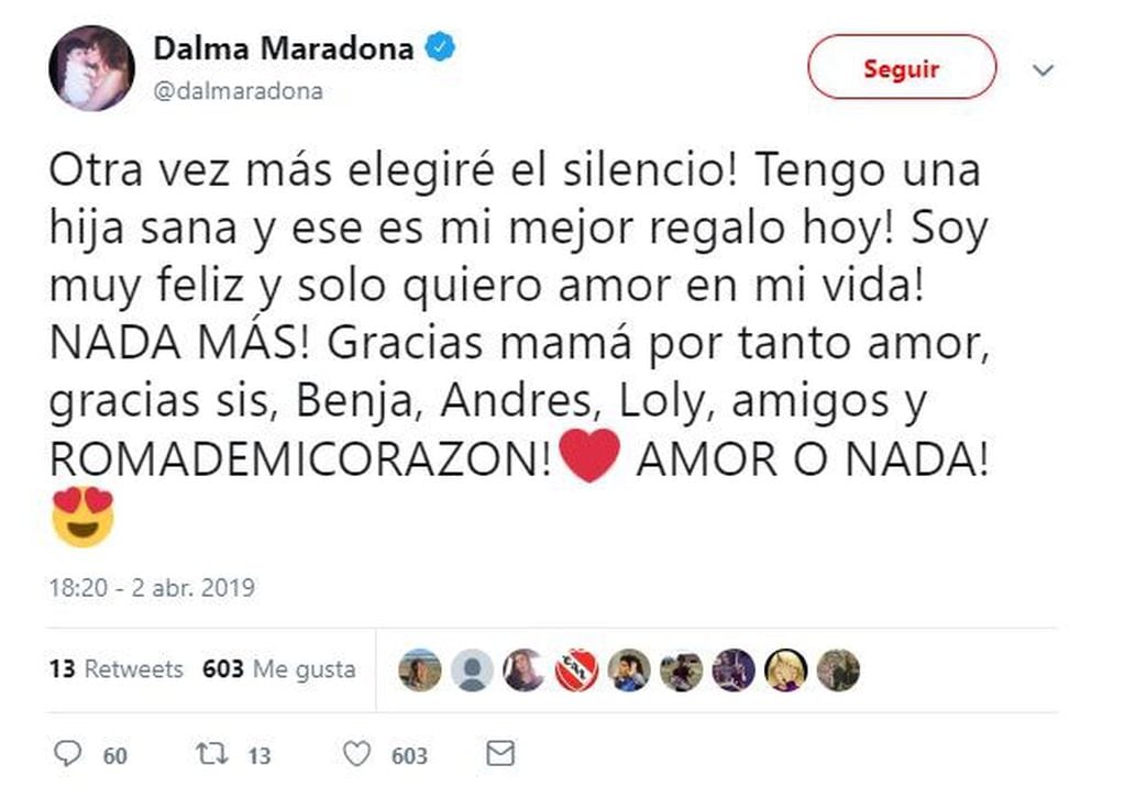 El mensaje de Dalma en Twitter luego del saludo de Diego