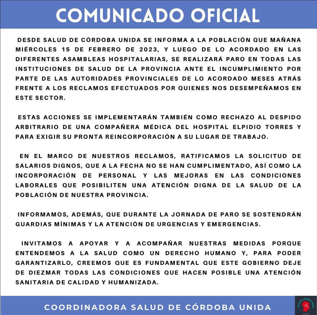 La agrupación "Salud de Córdoba Unida" confirmó la decisión.