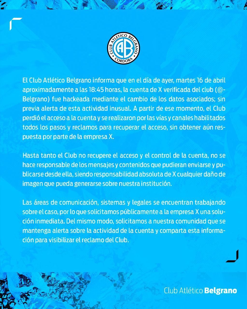 El comunicado oficial de Belgrano sobre el hackeo a su cuenta de X.
