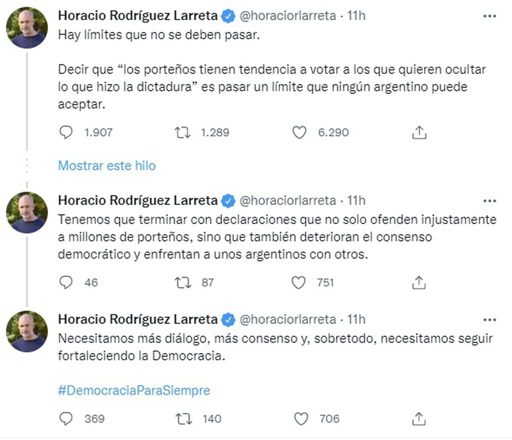 Repudio de Horacio Rodríguez Larreta a las declaraciones de Máximo Kirchner (Twitter)