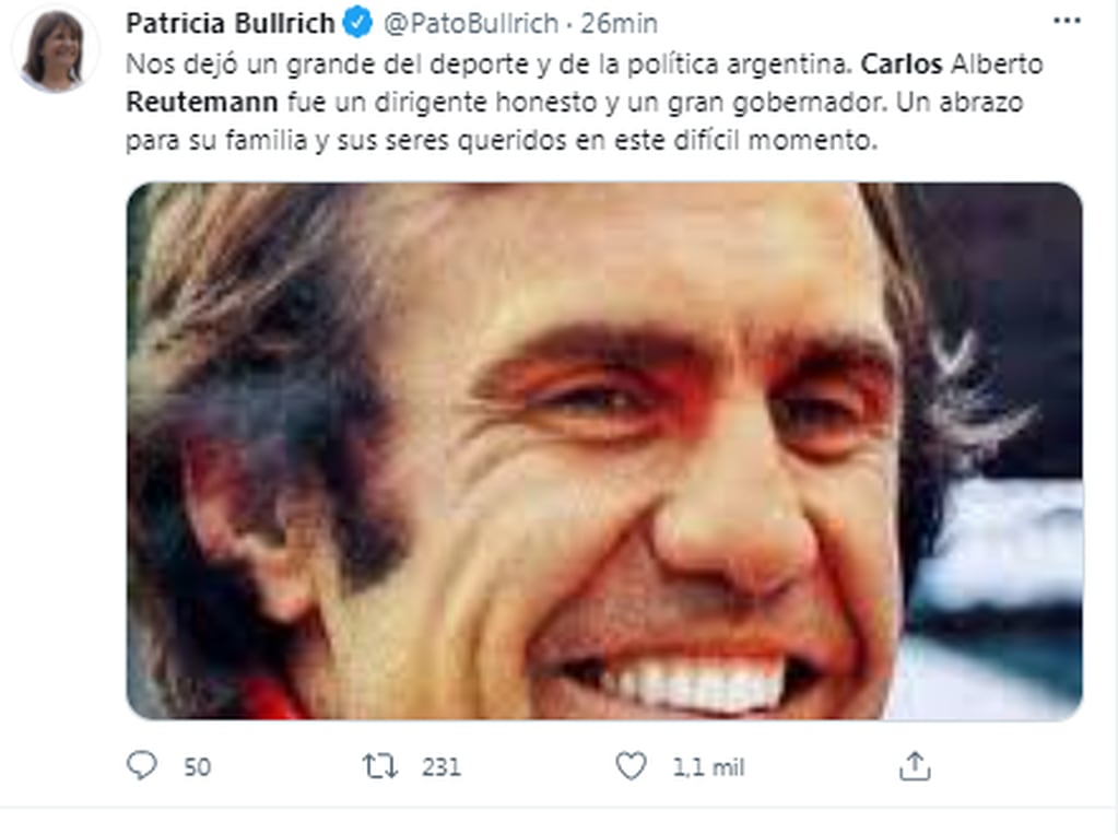 Patricia Bullrich se despidió de Carlos Reutemann a través de las redes sociales.