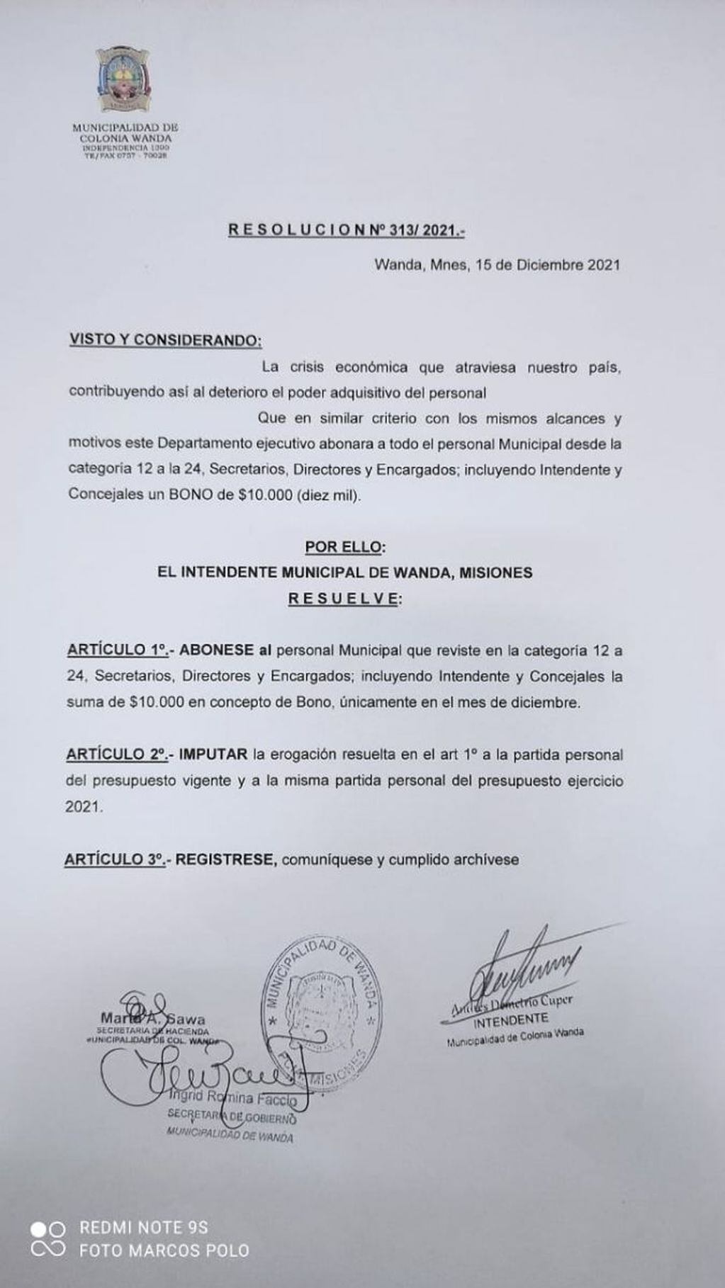 Colonia Wanda: empleados municipales cobrarán un bono de 10 mil pesos.