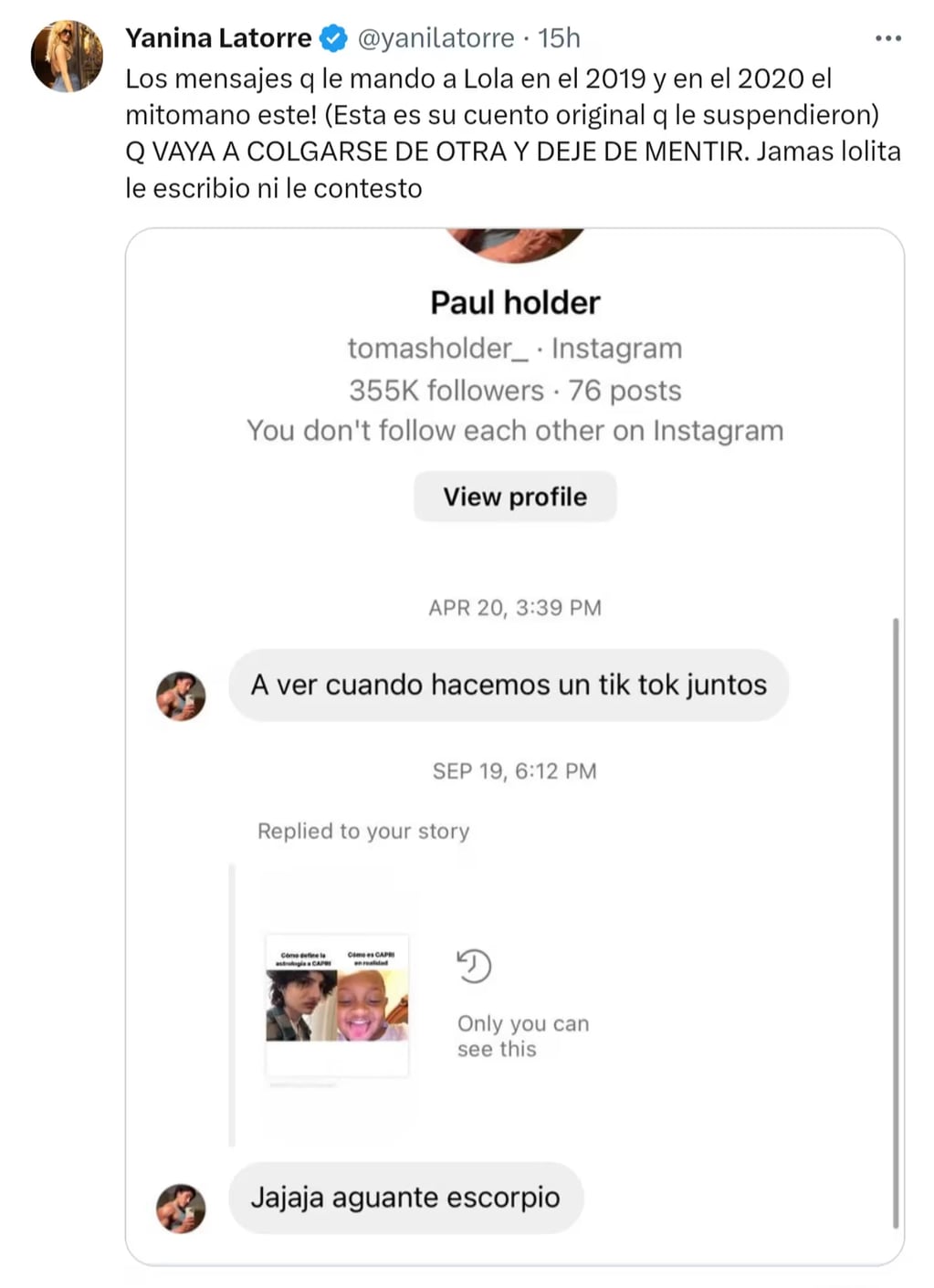 Yanina Latorre compartió los mensajes que Tomás Holder le enviaba a Lola entre 2019 y 2020. Gentileza: Foto Captura Twitter/yanilatorre.