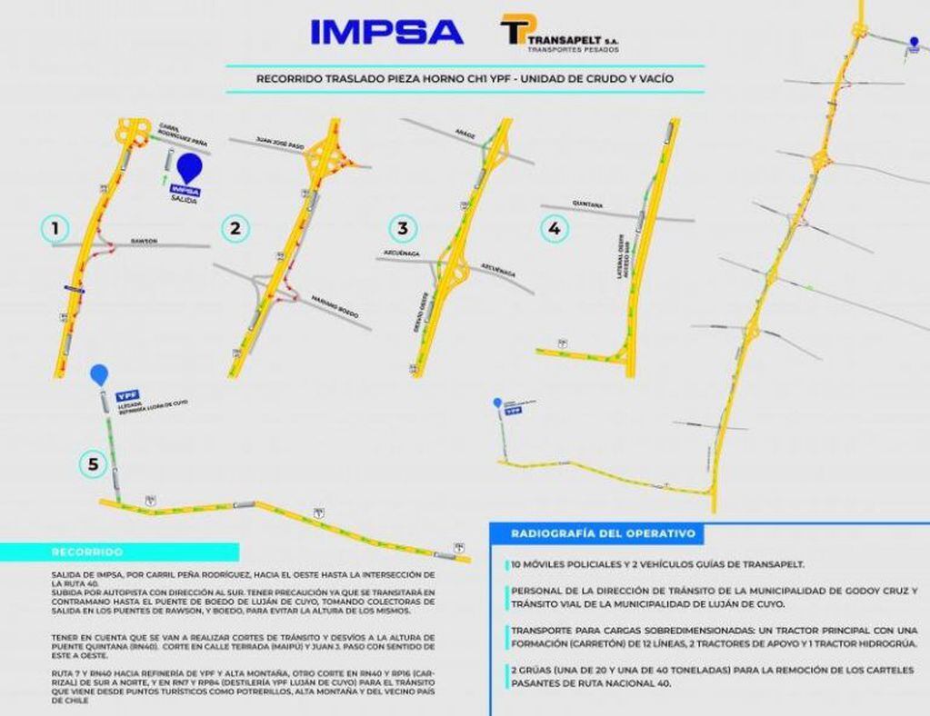 El recorrido que realizarán para traslado del horno desde Impsa hasta la refinería de YPF en Luján de Cuyo.