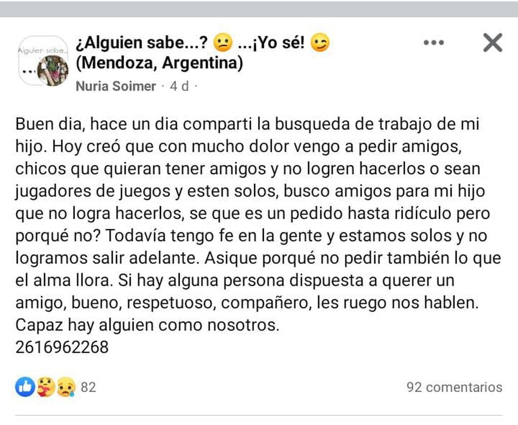 Publicación de Nuria en Facebook.