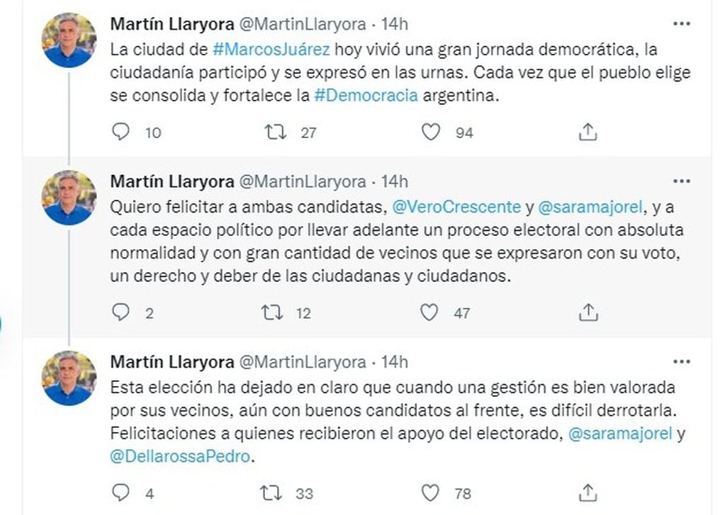Martín Llaryora y su mensaje en Twitter. (Captura de Pantalla)