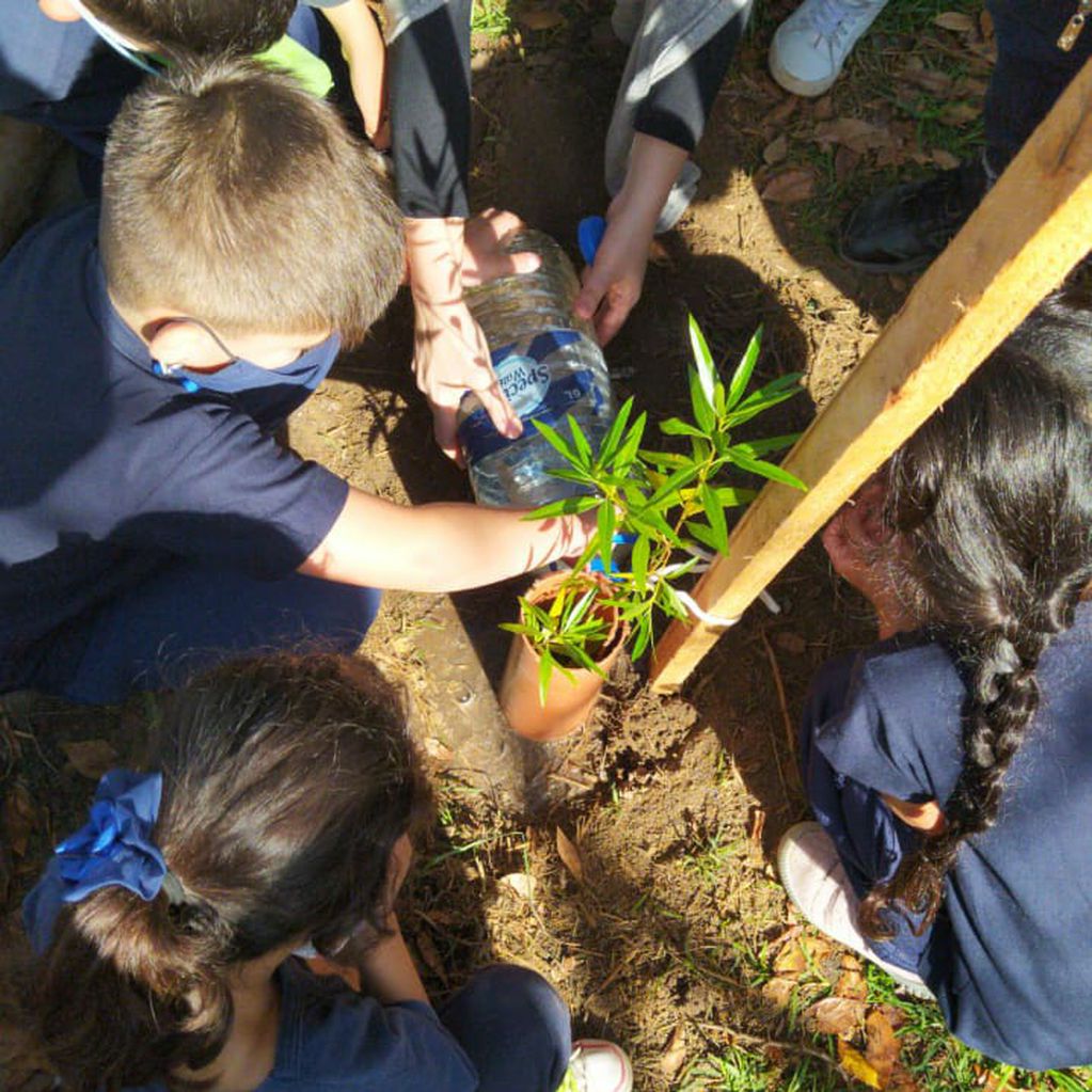 Los más pequeños de la escuela también ayudaron en esta nueva jornada de forestación.