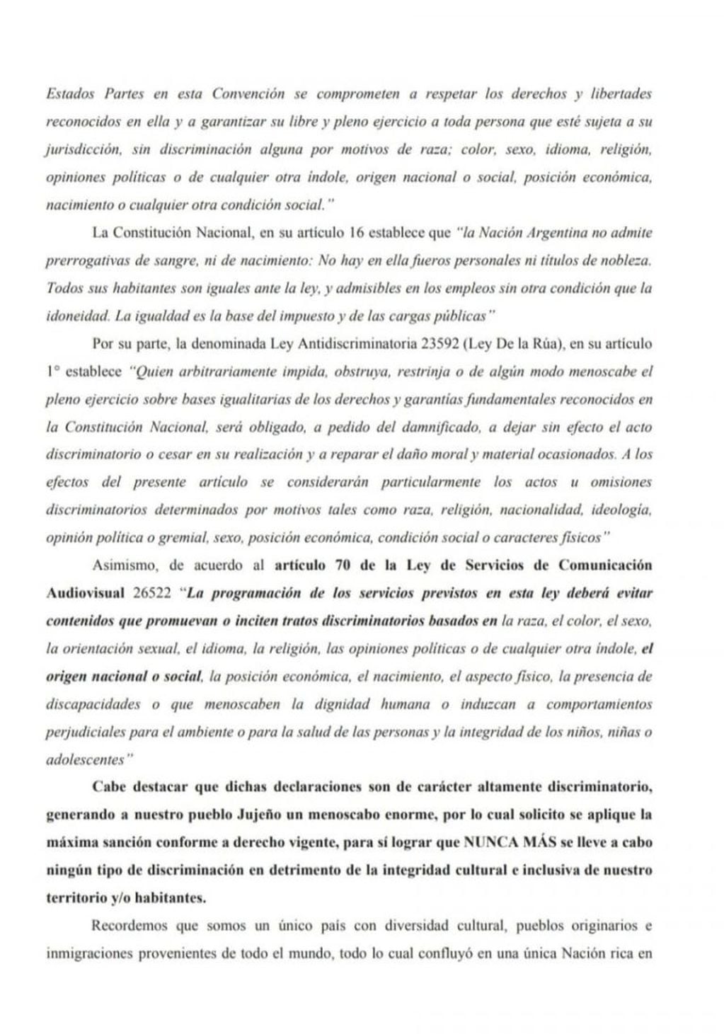 Segunda página de la presentación formulada por Giubergia.