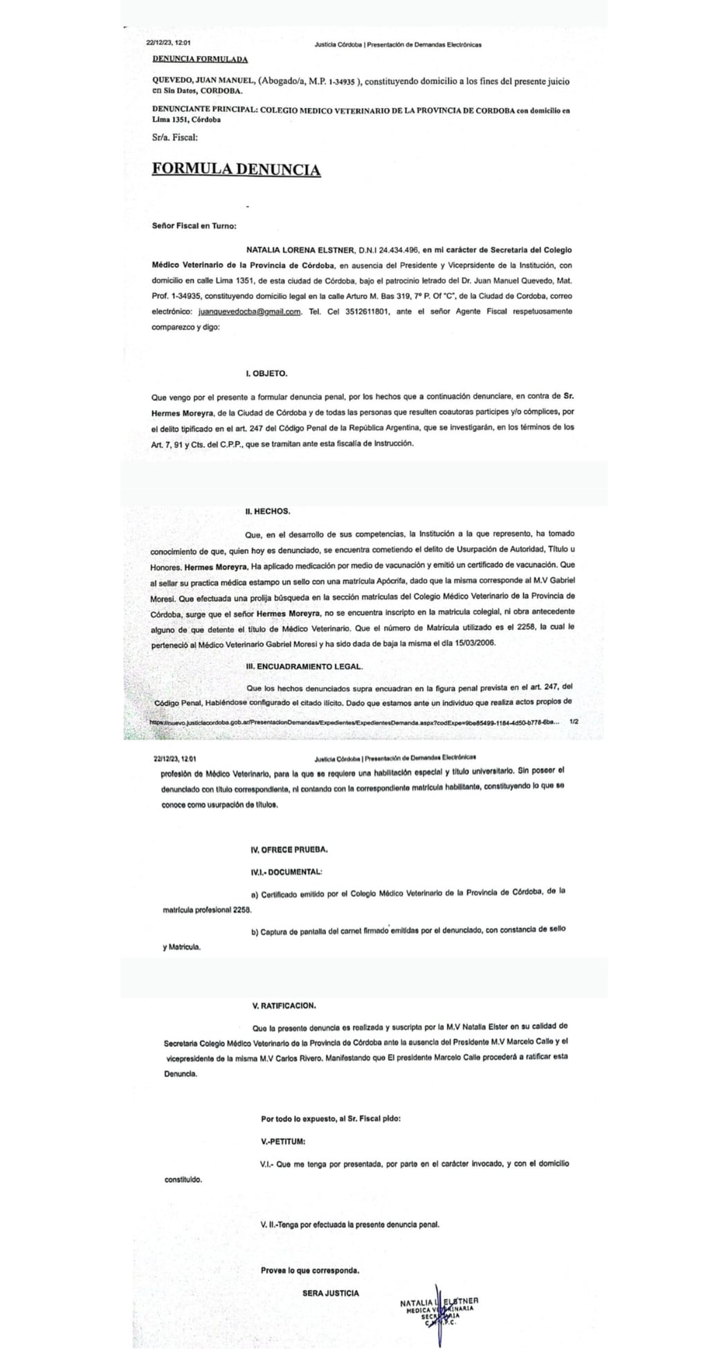 La denuncia que publicó el Colegio Veterinario de Córdoba.