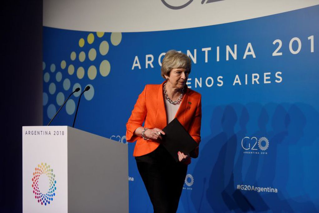 Theresa May luego de la conferencia de prensa (AP Photo/Gustavo Garello)